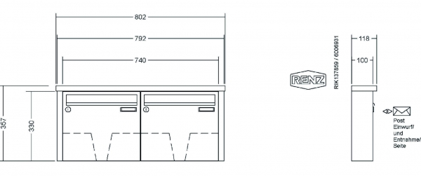 RENZ Briefkastenanlage Aufputz Tetro Kastenformat 370x330x100mm, 2-teilig